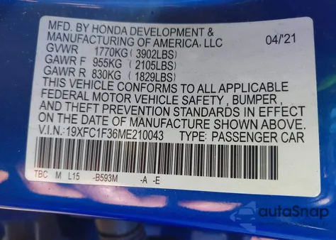 2021 Honda Civic Ex from USA, damaged, VIN 19XFC1F36ME210043